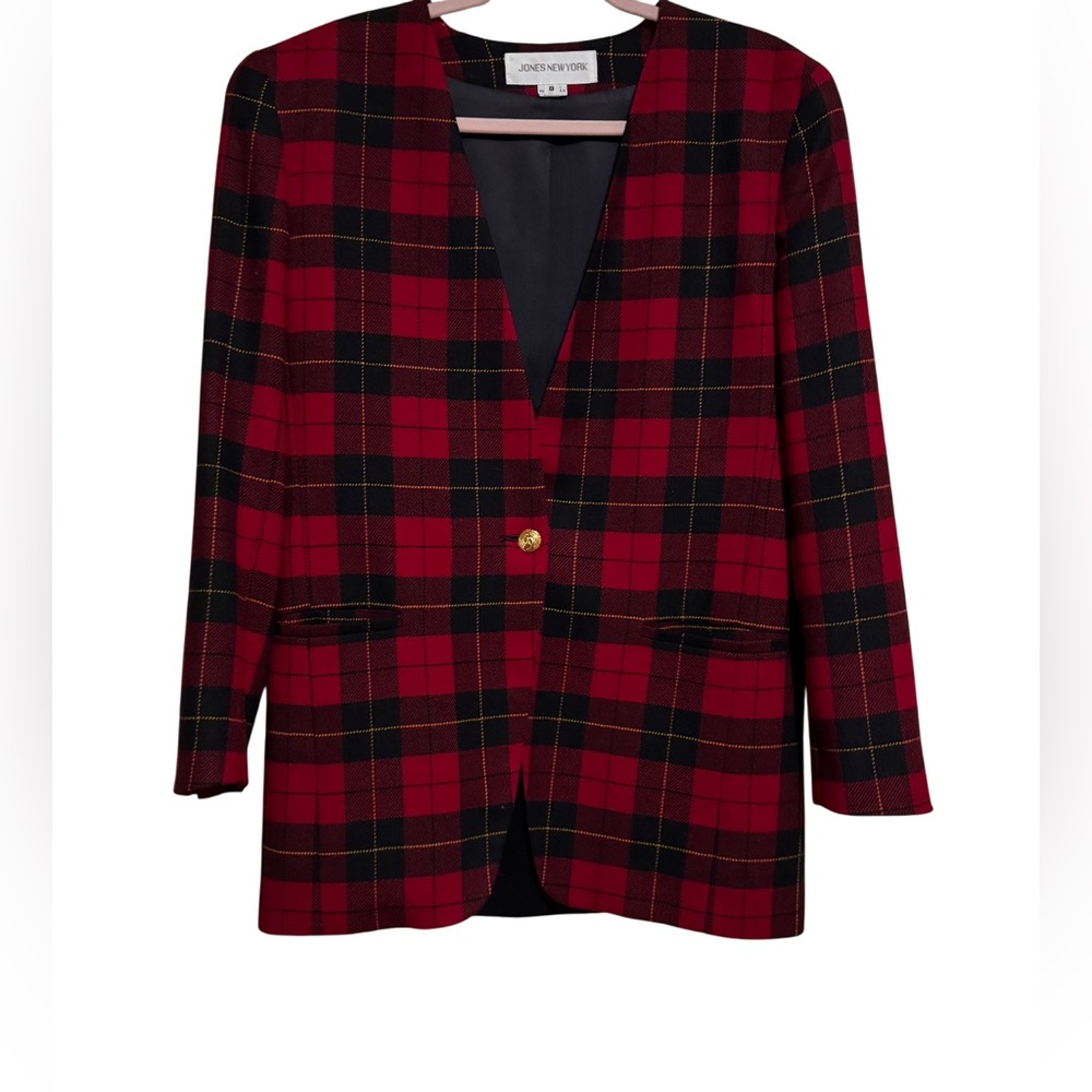 Jones New York Women’s Vintage Red and Black Checkered Wool Blazer Sz 8 NWOT